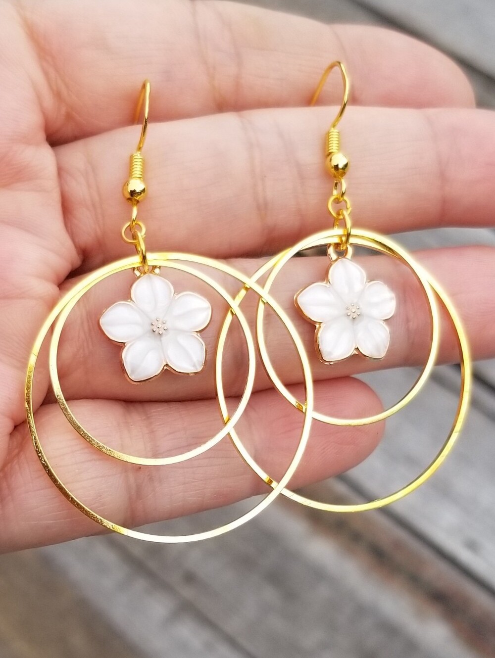 Gold Double Hoop Floral Dangle Earrings, White Flower Dangle Earrings
